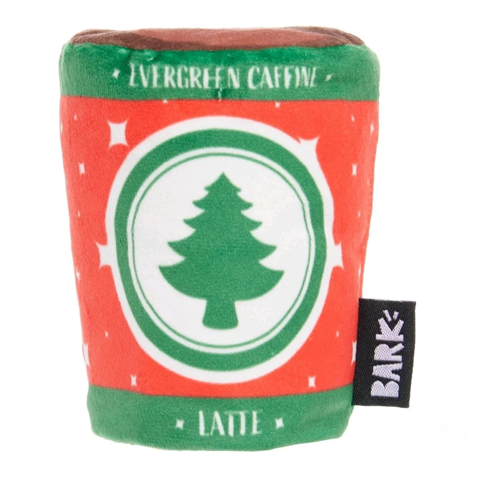 Bark Holiday Santa's Workchomp Evergreen Caffeine Latte Dog Toy